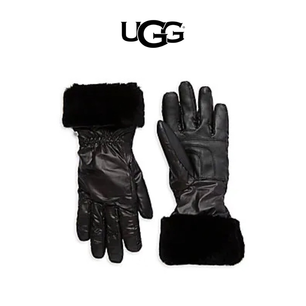 UGG Black Shearling-Trim Touchscreen Leather Gloves NWT